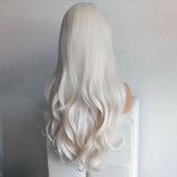 Yeknu  Long Curly Wavy Platinum Blonde Synthetic Hair Free Part Layered Natural Wave White Colored Heat Resistant Fiber Wigs for Women