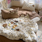 Yeknu Cartoon Animal Embroidery Bedding Set For Adults Kids Cute Flat Fitted Sheet With Pillowcases Washed Cotton Colorful Full Size