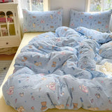 Yeknu  Ins Cute Blue Cat Bedding Sets New Soft Bed Sheet Set For Girls Washed Cotton Dormitory Quilt Set No Filling