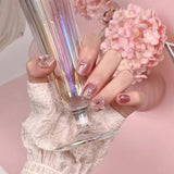 Yeknu  10Pcs Gold Foil & 3D Rhinestone Flower Handmade Nails Nude Cat Eye Press On Nails Short Square Full Cover Reusable False Nails