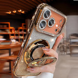 Yeknu  Glitter Magsafe Bracket Case for iPhone 17 16 15 11 12 14 13 Pro Max Plating Soft Bling Diamond Luxury Cover for iPhone 17 Air