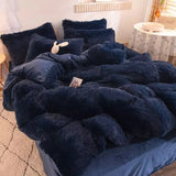 Yeknu  Winter Warm Long Plush Pink Bedding Set Queen Mink Velvet Double Duvet Cover Set with Fitted Sheet Warmth Quilt Covers