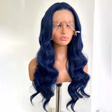 Yeknu  Dark Blue Wig Body Wave Synthetic Lace Front Wig Middle Part Long Wavy Natural Curly 13X4 Frontal Wigs for Women Daily Party
