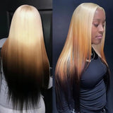 Yeknu  Blonde with Brown Ombre Wig Synthetic Lace Front Wig Long Straight Body Wave 13x4 Frontal Gradient Colored Wigs for Women