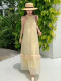 Yeknu  Summer Cross Halter Long Dress French Style Splicing Tassel Hem Holiday Style Bohemian Dresses Women Casual Beach Dress