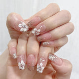 Yeknu  24Pcs Short Almond Press-On Nails Pink Floral French Tip Glossy&Elegant Full Cover Fake Nails for Women&Girls Spring,Daily Wear