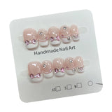 Yeknu 10Pcs Handmade Press On Nails Short Oval Glitter French Fake Nails Full Cover Pink 3D Bow Diamond  Design Wearable Nail Tips Art