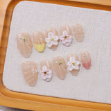 Yeknu 10Pcs Starfish Water Ripples Design Press on False Nails Short Oval Wearing Manicure 3D Flowers Artificial Fashion Acrylic Nails