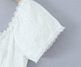 Yeknu  Lace Stitching Pleated Shirt Summer Short Sleeve Square Collar Elegant White Tops For Women Blouses Shirts