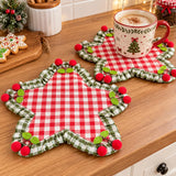 Yeknu  2Pcs,Star Shaped Gingham Drink Coaster,Classic Plaid Ruffle Cup Mat with Cherry Trim,Heat Resistant for Home Kitchen Party Decor