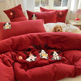 Yeknu Solid Colour embroidery Bedding Set For adults kids Ankela Red Red Flat Sheet With Pillowcases Colorful King Queen Full size