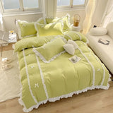 Yeknu Korean Princess Style Bedding Sets Ins Lace Bowknot Duvet Cover Fitted Sheet For Girl Woman Home Bedroom Kawaii Bed Linens