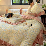 Yeknu Nordic Bedding Sets 100% Cotton Floral Flat Bed Sheet Set 2 Pillowcases Skin-Friendly Queen King Double Size Bed Linen Set