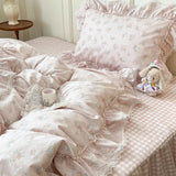 Yeknu  Korean Princess Style Ruffles Flower Print Bedding Set Duvet Cover Set Bed Skirt Bedspread Pillowcases 100% Cotton Home Textile