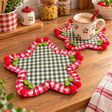 Yeknu  2Pcs,Star Shaped Gingham Drink Coaster,Classic Plaid Ruffle Cup Mat with Cherry Trim,Heat Resistant for Home Kitchen Party Decor