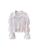 Yeknu  High Quality Outfits 2 Piece Set Office Lady Simple Long Sleeved Blouses Flare Sleeve + Gyaru Knitted Vest Y2k Elegant Mori Girl
