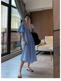 Yeknu  Fashion Square Neck Plaid Puff Sleeve Loose Casual Dress Summer Women Korean Ladies Chic New Dresses Elegant Woman Dress
