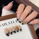 Yeknu  10pcs Retro Black and Gold Flower Handmade Press on Nails French-Style Painted False Nail for Women&Girl Removable Wearable Nail