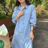 Yeknu  Spring Summer Women Casual Denim Shirt Dress Loose Long Sleeve Cardigan Dress Korea Ladies Womens Denim Shirt Long Dresses
