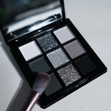 Yeknu  9-shade eyeshadow palette: Black Swan, Smoky, Dark Black, Grey Silver Glitter, Matte Finish, Long-lasting, and easy to color