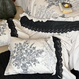 Yeknu  Vintage Floral Print Lace Ruffles 100% Cotton Double-layer Yarn Bedding Set Duvet Cover Flat/Fitted Bed Sheet Pillowcases 4Pcs