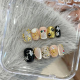 Yeknu  10pcs Short Coffin Handmade Press on Nails Baroque Style Metal Pearl False Nails Colorful Flower Nail Tip Cat Eye Fake Nails Art