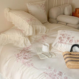 Yeknu  4Pcs Flowers Embroidery Lace Ruffles Princess Wedding Bedding Set Egyptian Cotton Duvet Cover Bed Sheet Pillowcases