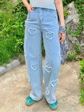 Yeknu  Jeans Spring Pant Women Love Embroidery Fringe Fashion Ladies Trousers Korean Style Loose Pleated Wide Leg Woman Long Pants