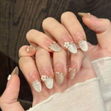 Yeknu  10Pcs Short Oval Head Press On Nails With Pink Gold Powder Pearl Flower Design False Nails For Party Wedding Wearable Fake Nails