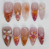 Yeknu  30pcs Nude Red 3D Flower Press On Nails Long Stiletto Fake Nails with Silver Metal Line & Pearl False Nail for Women&Girl