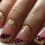 Yeknu  24pcs Wearable False Nails Art Glitter Flower Design Press on Nails Sets Short Ballet Fake Nail Simple Manicure Tips Finished