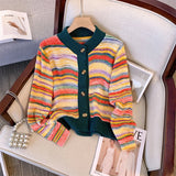 Yeknu  Women Rainbow Striped Cardigan Sweater Korean Style Long Sleeves Cashmere Sweater Vintage Knitwear Y2k 2000s Clothes Autumn