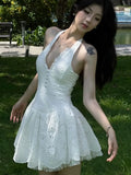 Yeknu  White Lace Embroidery Halter Neck Dress New Summer Sleeveless Backless Sexy A-Line Dresses Women Slim Party Dress