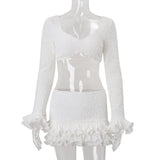 Yeknu  Women's Sexy Mini Skirt Two-piece Set Strappy Cardigan Top Ruffle Layered Mini Skirt White
