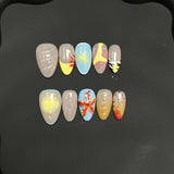 Yeknu  10pcs Handmade Short Almond Fake Nails Summer Ocean Blue Starfish False Nails Wearable Sweet Cool European Press on Nails