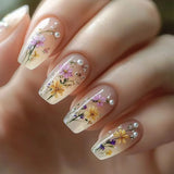 Yeknu  24pcs Wearable False Nails Art Glitter Flower Design Press on Nails Sets Short Ballet Fake Nail Simple Manicure Tips Finished