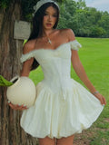 Yeknu  European And American Style Summer White Women's Mini Dress One Shoulder Heavy Lace Embroidery Waist Puffy Dress