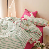 Yeknu Striped Girls Flower Bedding Sets, Washed Cotton Bed Linens, Soft Quilt Cover Sheet Set, Simple Bedspread, Home Textiles