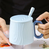 Yeknu  Chinese Style Ceramic vertical stripe Tea Mugs, Home Personal Office Creative With Cover Spoon Milk Water Coffee Cup, 320ml, 1Pc