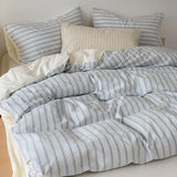 Yeknu  Ins Dopamine Korean Striped Washed Cotton Four-piece Bedding Set Cream Style Bed Sheet Quilt Cover Three-piece Set