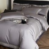 Yeknu  3 Line Embroidery Duvet Cover and 2Pillow Shams Set with Zipper Closure 100%Cotton 600 TC Premium Quality Ultra Soft Bedding set
