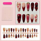 Yeknu  30pcs Cherry Lips Fake Nails Star Embossing Press on Nail Short Almond Full Coverage Nail Tips for Women&Girl False Nail Art