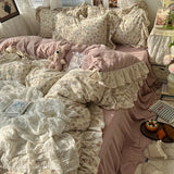 Yeknu 3/4Pcs Korean Princess Style Floral Ruffles Bedding Set Skin-friendly Soft Duvet Cover Set Bed Sheet Or Bed Skirt Pillowcases