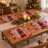 Yeknu  2Pcs,Star Shaped Gingham Drink Coaster,Classic Plaid Ruffle Cup Mat with Cherry Trim,Heat Resistant for Home Kitchen Party Decor