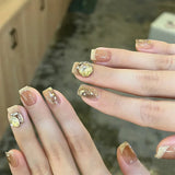 Yeknu  24pcs Short False Nail Gradient Color With Glitter Sequins Design Fake Nails Patch Full Cover Artificial Acrylic Nail Tips