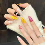 Yeknu  10pcs Handmade Leopard Press on Nails 3D Carving Petals Design False Nails Wearable Detachable Glossy Almond Fake Nail Tips