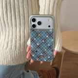 Yeknu  Blue Brown Diamond Plaid Grid Star Phone Case For iPhone 17 16 15 14 Pro Max 13 Case Luxury Silver Edge Protective Back Cover