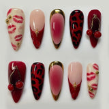 Yeknu  30pcs Cherry Lips Fake Nails Star Embossing Press on Nail Short Almond Full Coverage Nail Tips for Women&Girl False Nail Art