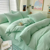 Yeknu  Cotton Bed Linen Solid Bedding Set with Sheet Duvet Cover Pillowcases Single Couple Bedsheet King Queen Double Twin Size