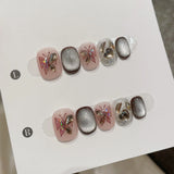 Yeknu  10pcs Butterfly Handmade Nails Glitter Cat-Eye Press on Nail Short Square Round Full Coverage Nail Tip for Women&Girl False Nail